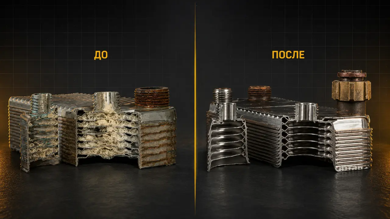 Техническая иллюстрация теплообменника до и после очистки